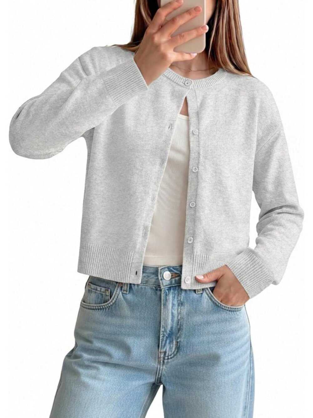🆕Women Light Grey Cropped Knit Cardigan Sweater Crew Neck Button Front Jacket